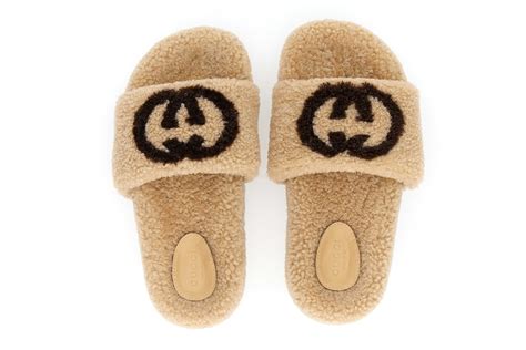 shearling gucci slides|Gucci monogram slides.